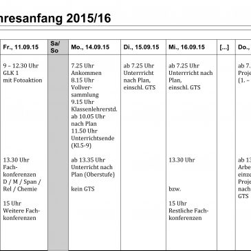 Organisation der ersten Tage im Schuljahr 2015/16